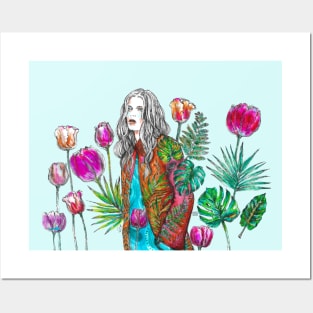 Fashion Illustration - Woman and Tulips. Posters and Art